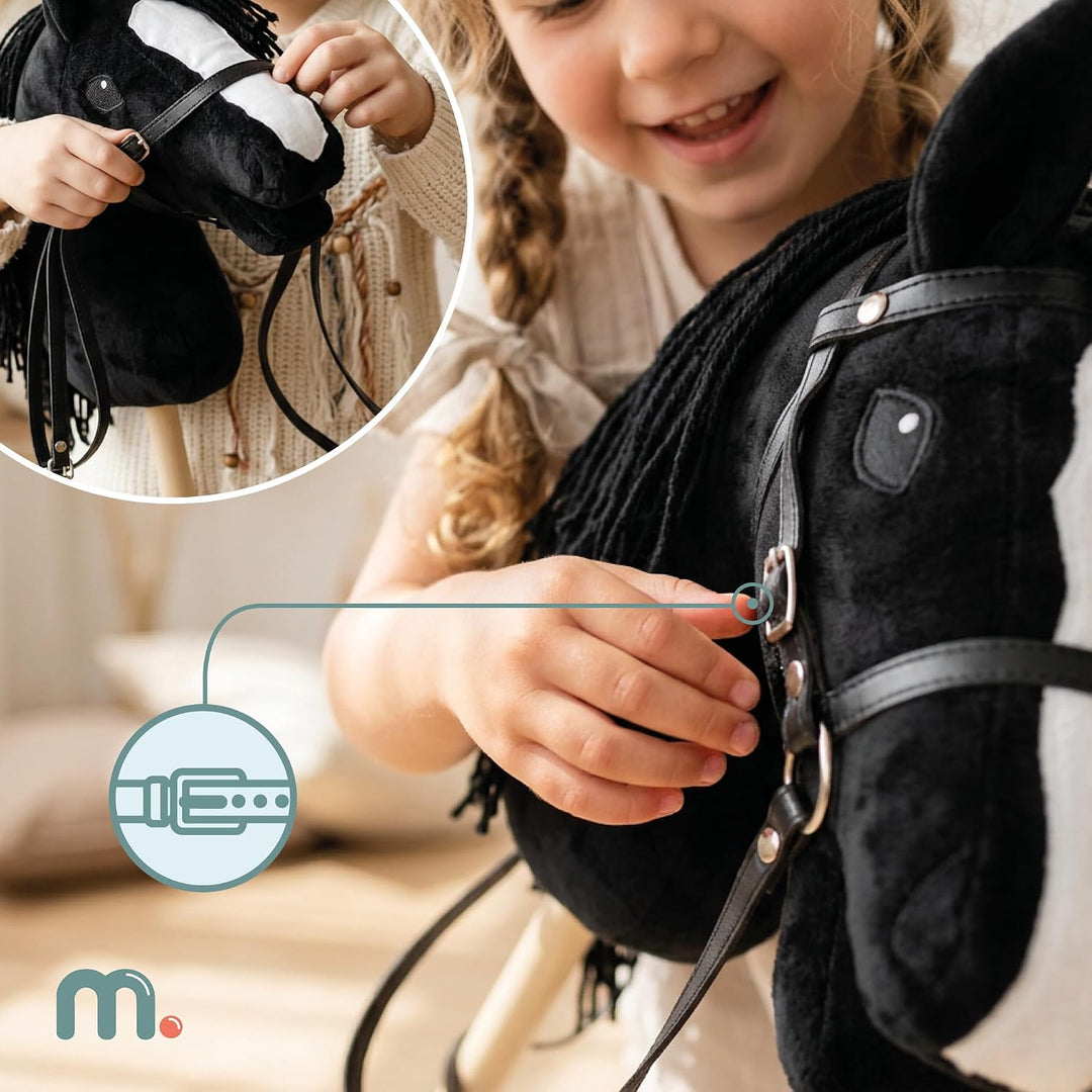 mamabrum Hobby Horse Schwarz Steckenpferd Kinder 68 cm | Steckenpferd mit Holzstab, abnehmbarem Zaum