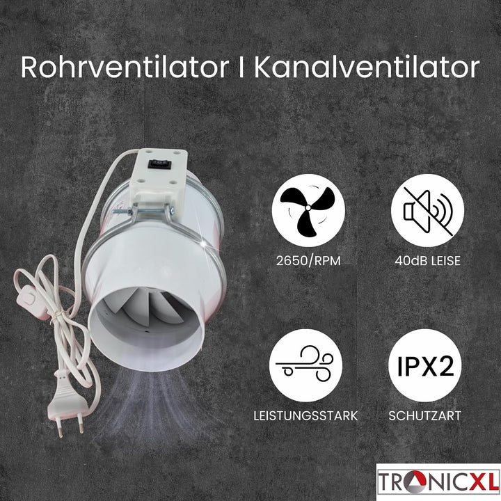 TronicXL Turbo Abluft Set Grow 100mm leise mit Aufhängung Belüftungsset für Growbox Aktivkohlefilter