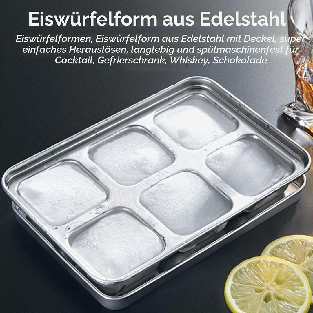 2PCS Eiswürfelform, Eiswürfelbehälter mit Deckel, 6-Fach Gross Edelstahl Eiswürfel Form Ice Cube Tra