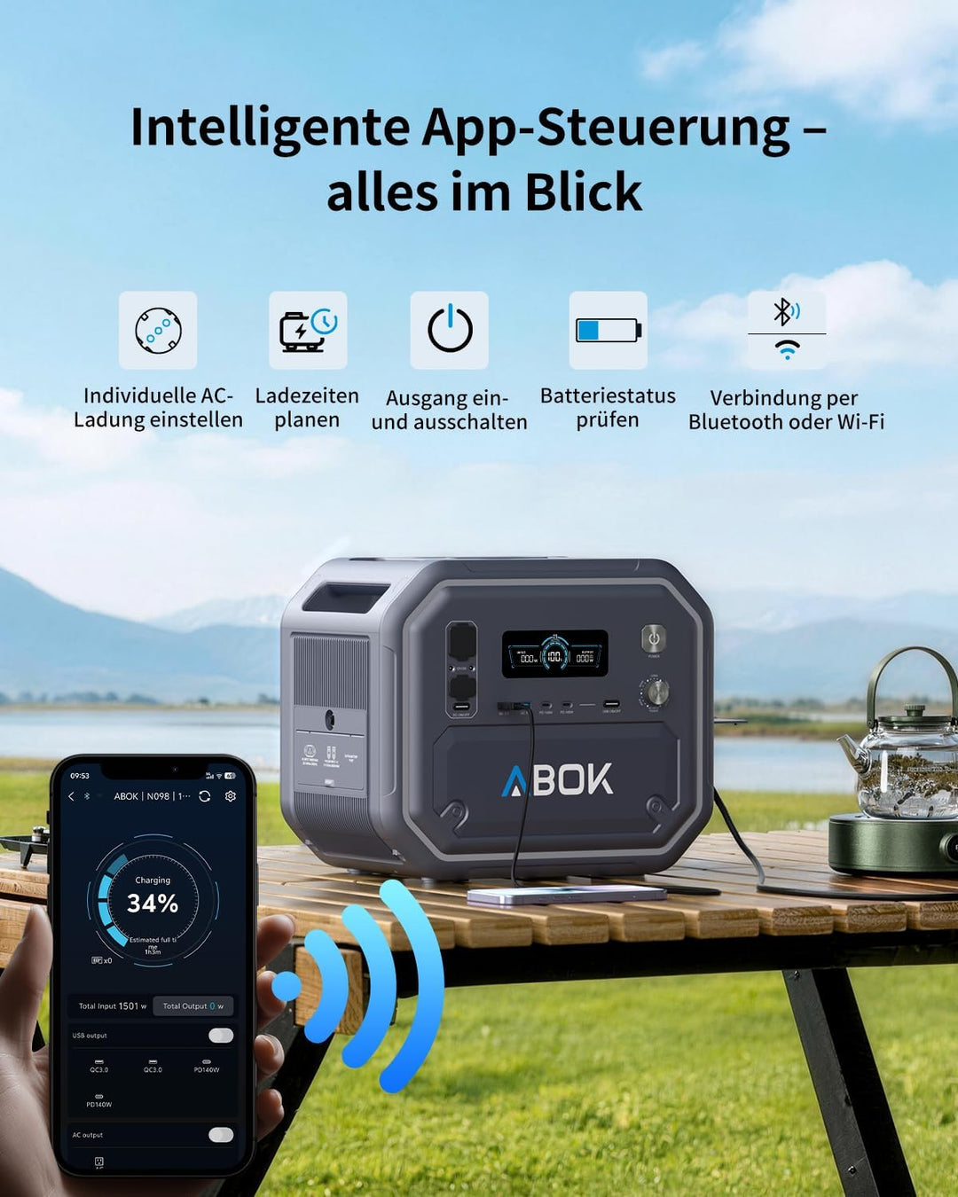 ABOK Ark2500 Tragbare Powerstation, 2160Wh LiFePO4, 2500W AC, USV &amp; App, Solargenerator mit AC+Solar