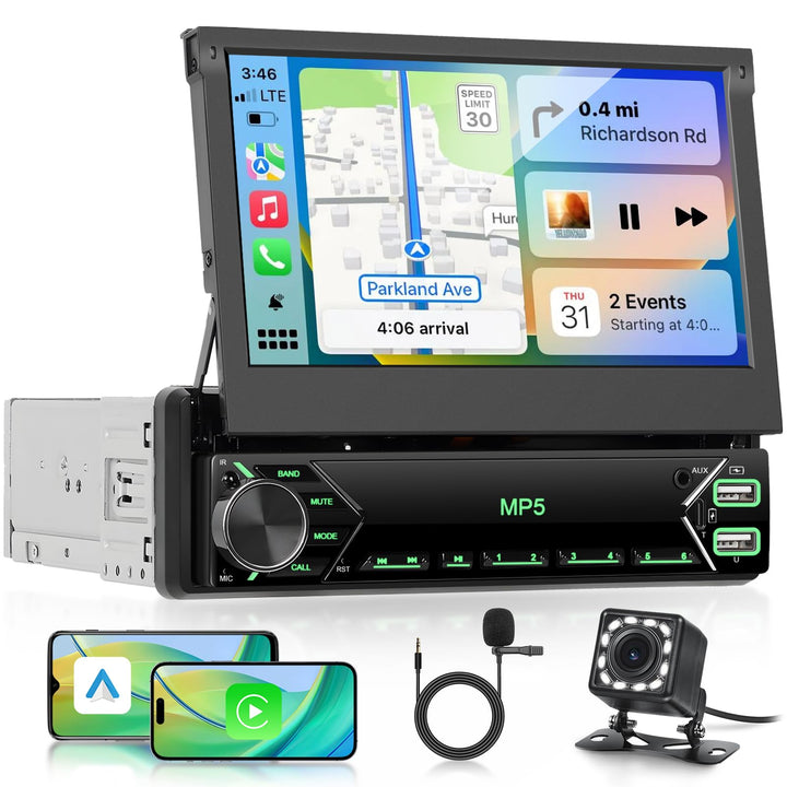 Autoradio 1 Din mit Drahtlos Carplay Android Auto, 7 Zoll IPS HD Manueller Flip Touchscreen Autoradi