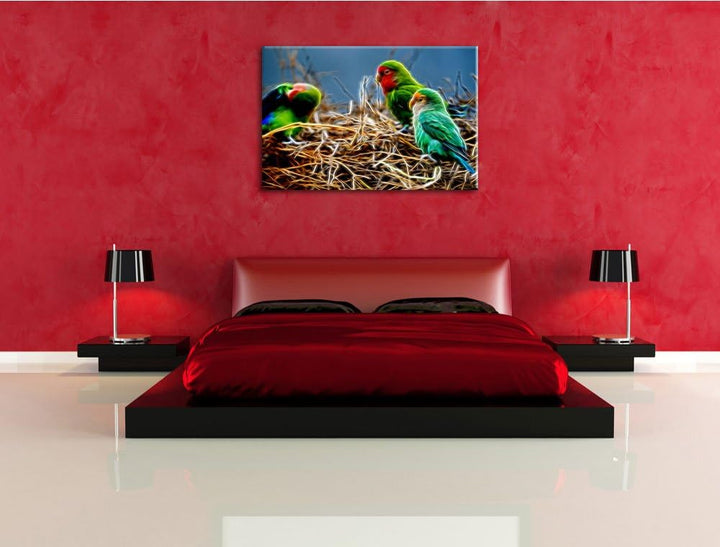 Papageien im Nest Deluxe Format: 100x70 cm auf Leinwand, XXL riesige Bilder fertig gerahmt mit Keilr