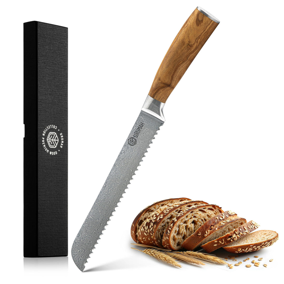 URUMAH Damascus Brotmesser Wellenschliff 20 cm mit ergonomischem Olivenholzgriff Klinge aus rostfrei