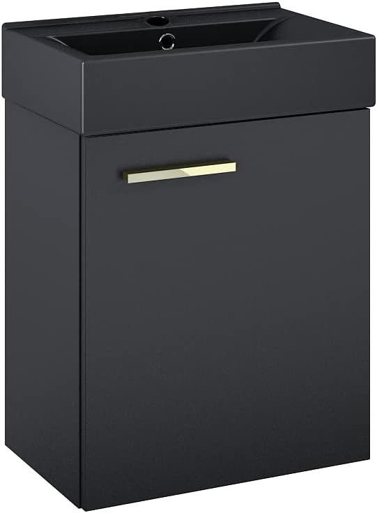 VBChome Badmöbel Set 45 cm Schwarz Matt Waschbecken mit Hängeschrank mit Armantur Schwarz Waschtisch