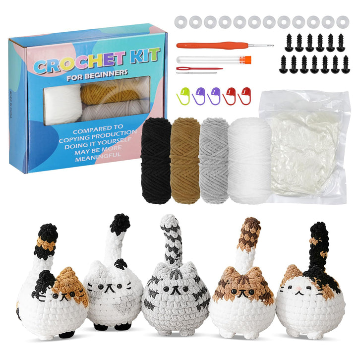 Ortviai Häkelset für Anfänger, Crochet Set Tiere Katzen, mit Garn und Zubehör, Schritt für Schritt A