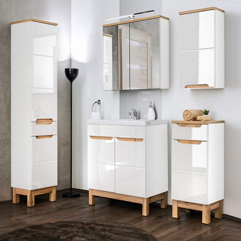 Lomadox Badmöbel Unterschrank Hochglanz weiss mit Wotaneiche, 1 Türe, 1 Softclose-Schubkasten, B/H/T