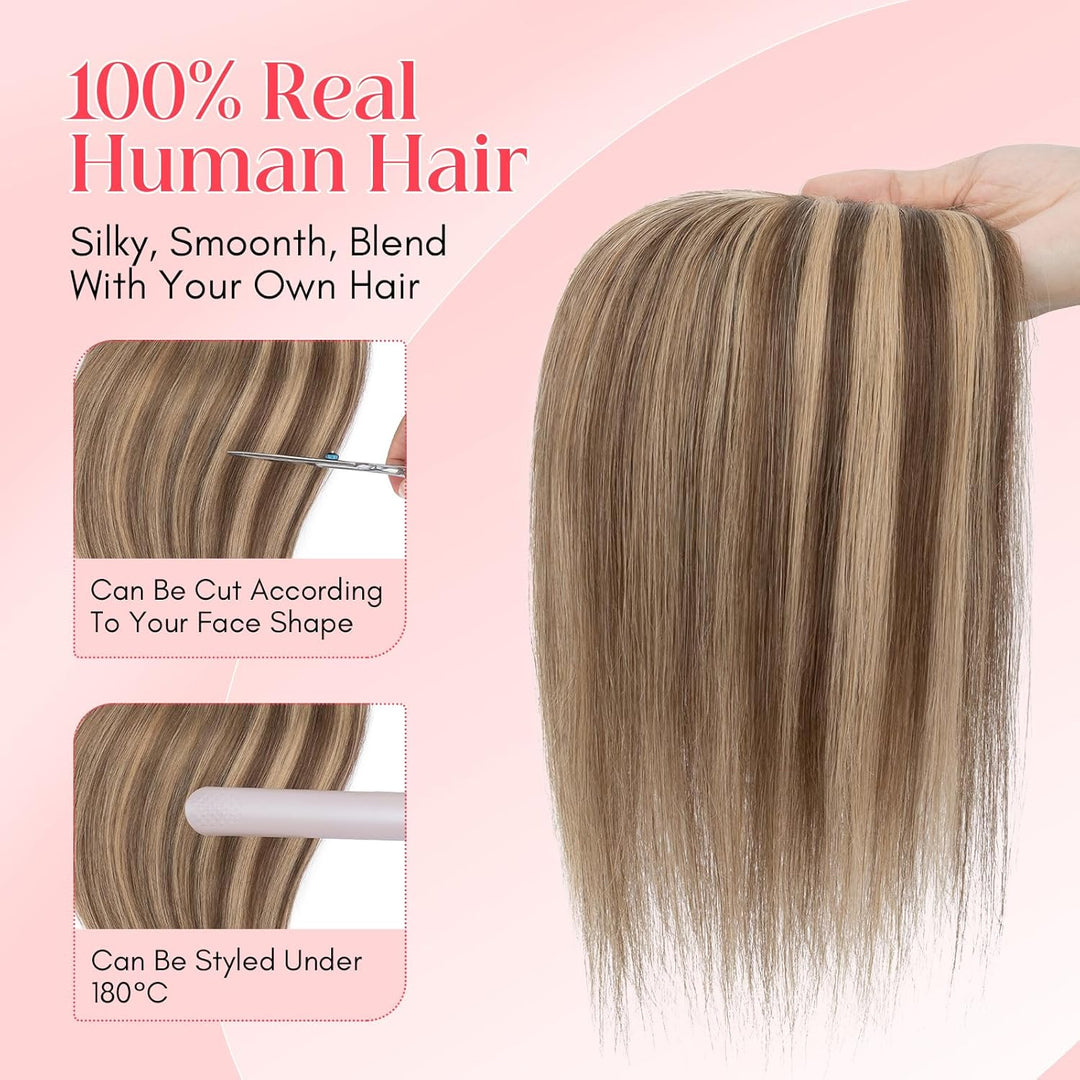 Elailite Hair Topper Echthaar #4P27 Mittelbraun/Honigblond 15cm Clip in Toupet Damen Extensions Haar