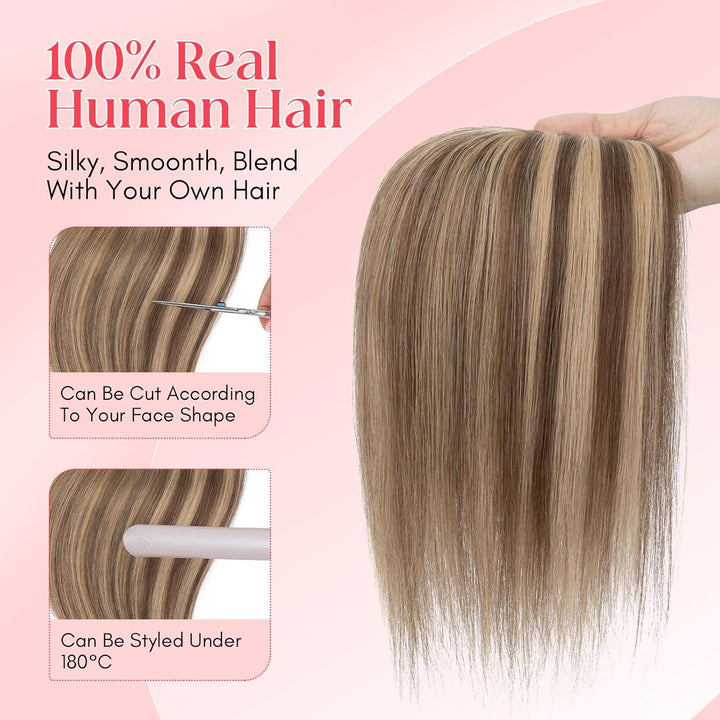 Elailite Hair Topper Echthaar #4P27 Mittelbraun/Honigblond 15cm Clip in Toupet Damen Extensions Haar