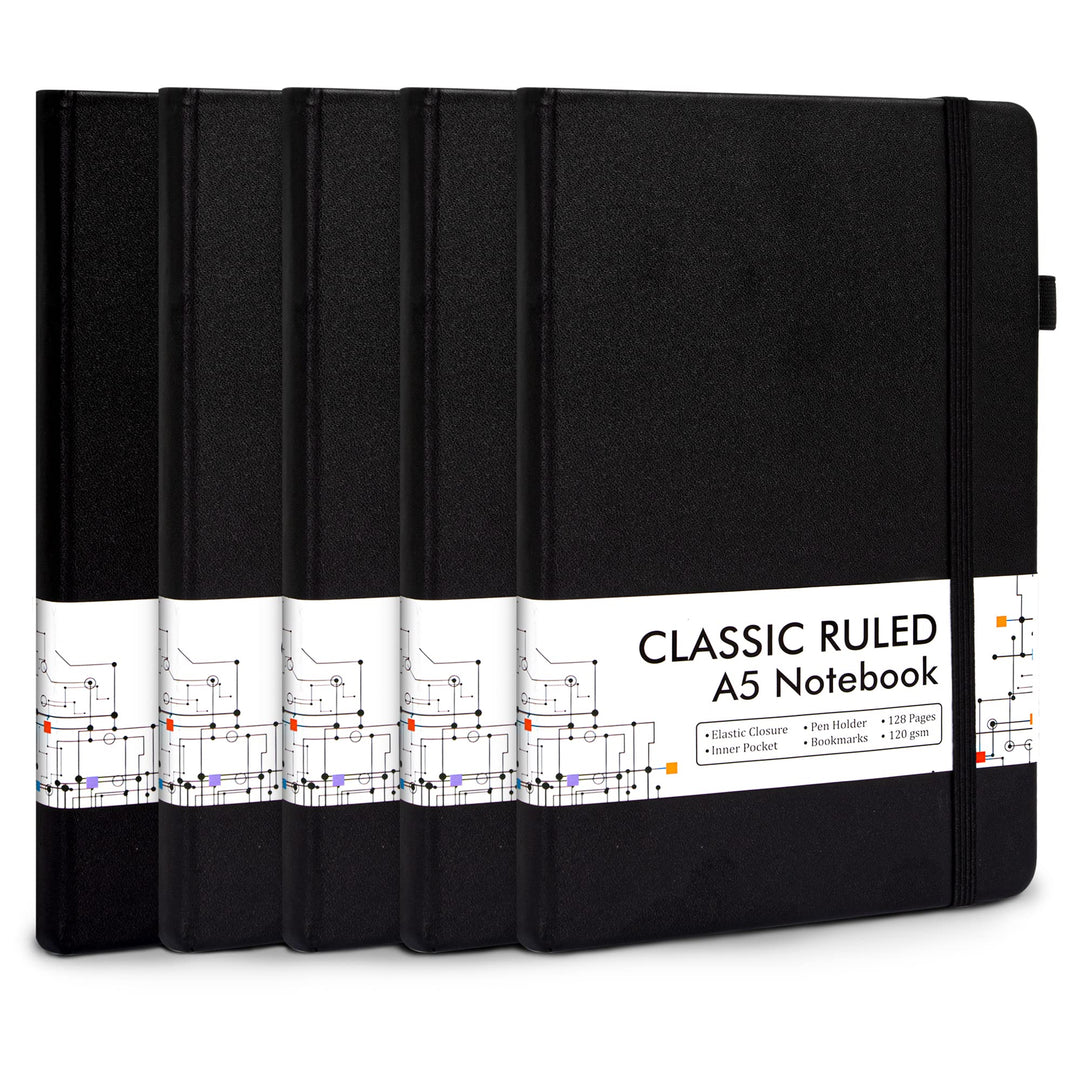 Notizbuch A5 liniert Hardcover, Feela 5 Notizbücher Set, Journal Buch mit 3 Gelstifte schwarz, 120 G