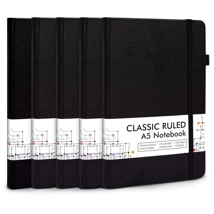 Notizbuch A5 liniert Hardcover, Feela 5 Notizbücher Set, Journal Buch mit 3 Gelstifte schwarz, 120 G