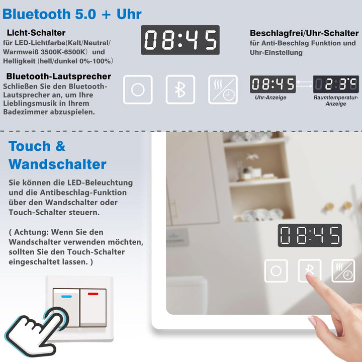 Aica Sanitär LED Badspeigel 80×60cm Bluetooth Uhr 3 Lichfarbe dimmbar Memory Wand/Touchschalter Anti
