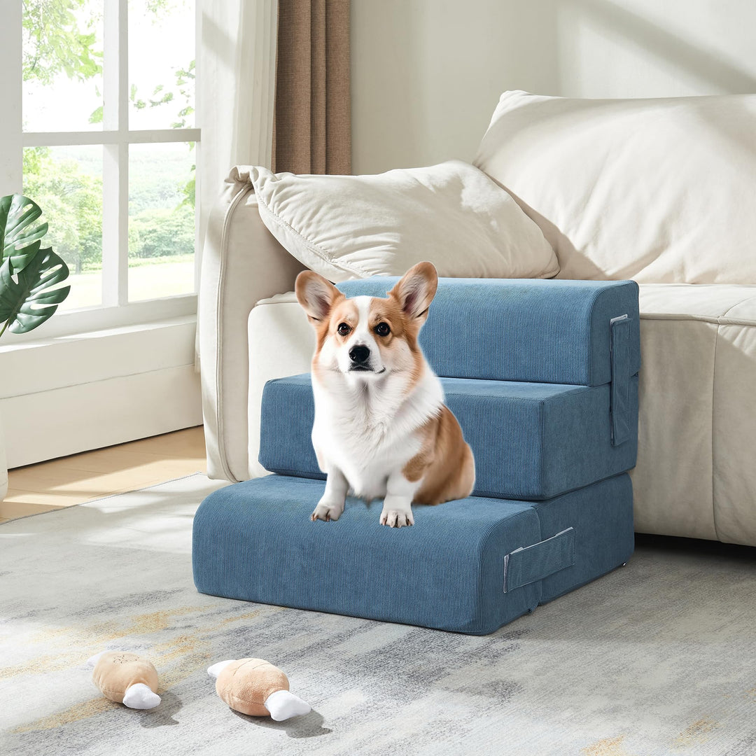 [en.casa] Haustiertreppe Haustierbett Joelerhatra 4-TLG. 45x50x45 cm Cord Blau Hundetreppe Katzentre