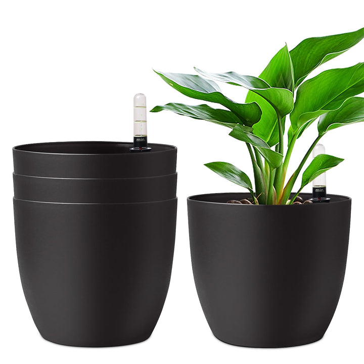 T4U 18cm Selbstwässernder Blumentopf mit Wasseranzeiger Schwarz 4er-Set, Selbstbewässerung Wasserspe