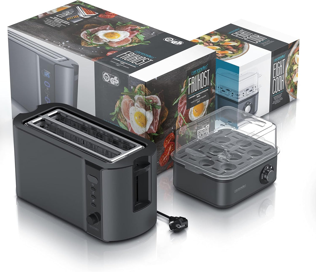 Arendo SET Toaster FRUKOST mit Eierkocher EIGHTCOOK Edelstahl Cool Grey Toaster 4 Scheiben LED-Displ