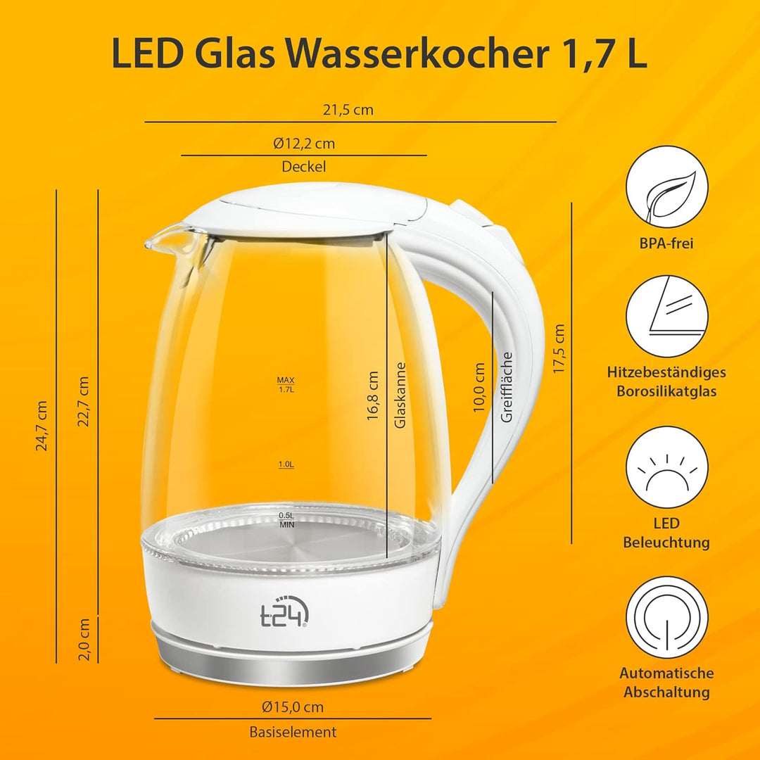 T24 LED Glas Wasserkocher 1,7 Liter mit LED-Beleuchtung, Wasserkocher Glas, Wasserkocher weiss, 2200