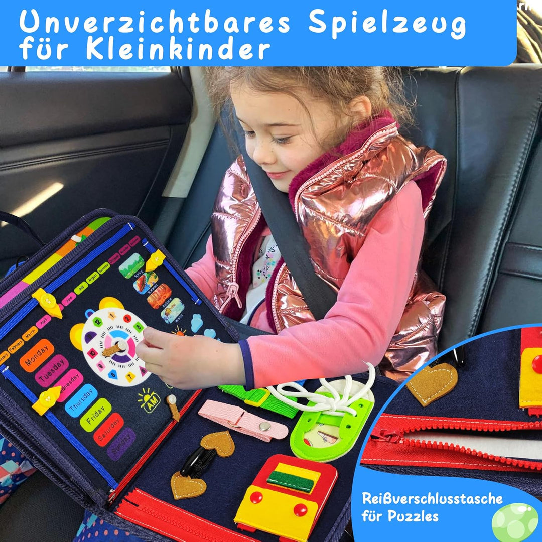 TenFans Busy Board ab 3 Jahr - Montessori-inspiriertes Quiet Book mit Reissverschluss & Schnallen -