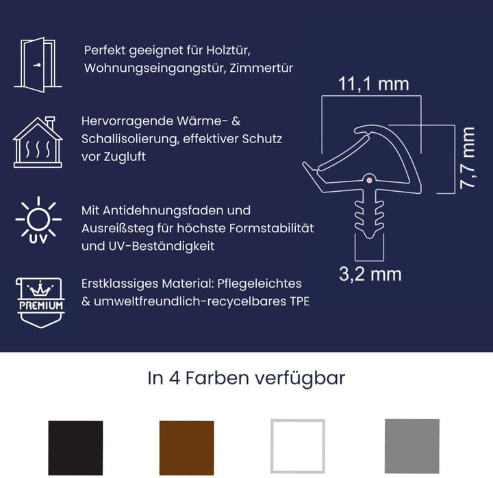 Türdichtung schwarz 10m - 3mm Nutbreite / 7mm Nuttiefe / 12mm Falz - Antidehnungsfaden Haustürdichtu