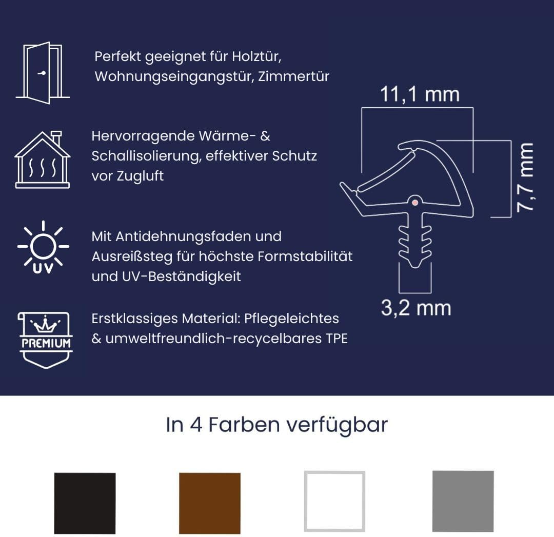 Türdichtung Grau 10m - 3mm Nutbreite / 7mm Nuttiefe / 12mm Falz - Antidehnungsfaden Haustürdichtung