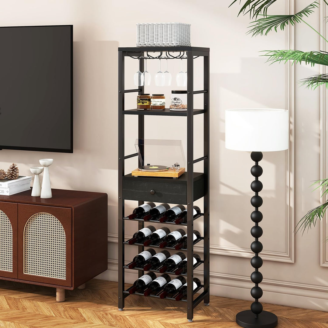 IBUYKE Weinregal, 4-Lagiges Freistehendes Weinregal Mit Glashalter Und Schublade, 16 Flaschenregal C