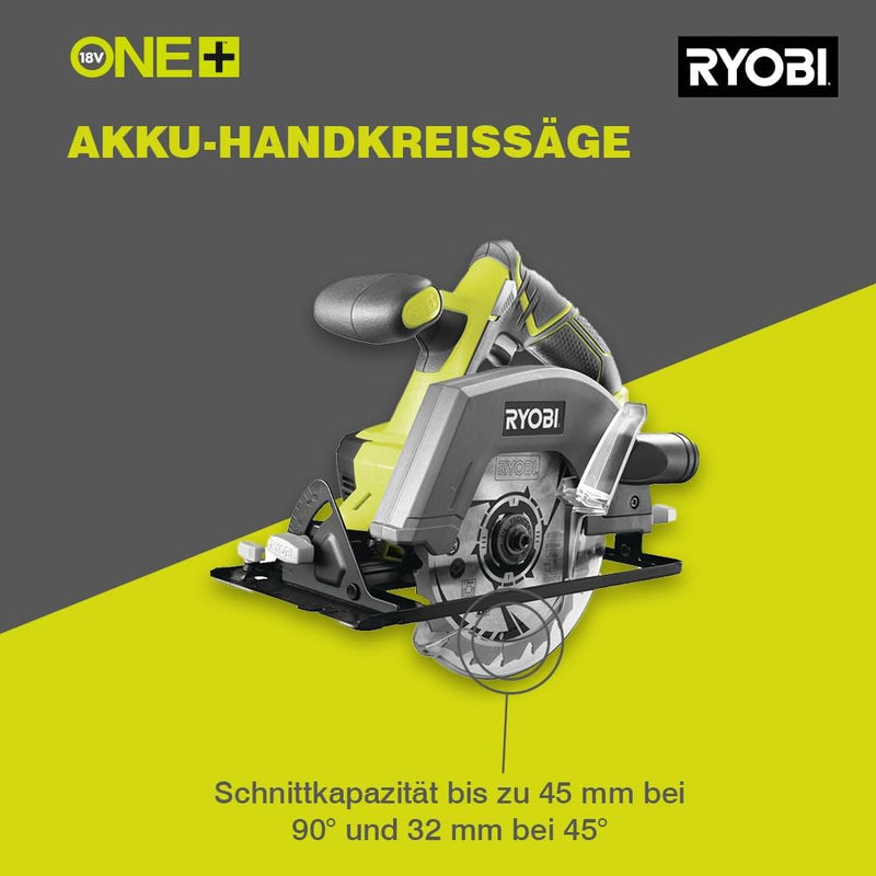 RYOBI 18 V ONE+ Akku-Handkreissäge R18CSP-140GZL (Sägeblatt-Ø 150 mm, Schnitttiefe 90°/45° 45/32 mm,