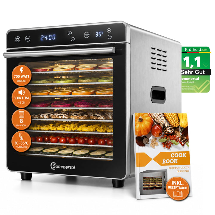 Sommertal Dörrautomat Silence 700 XXL inkl. 8 Edelstahl Dörrgitter, LED-Display, 24h Timer, Temperat