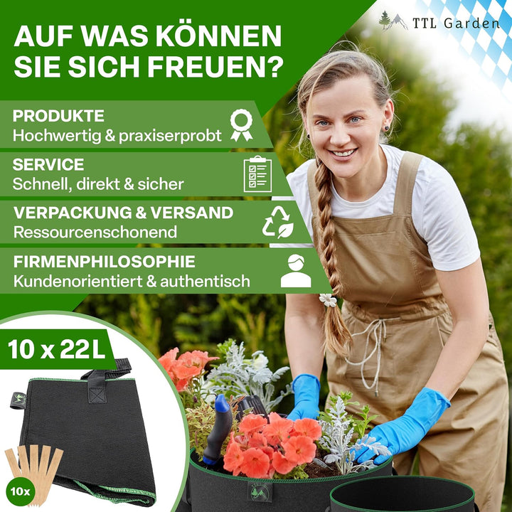 TTL GARDEN 10x 22L Pflanzsack aus Vlies Stoff - aus 300 g/m² Filz &amp; Vlies - | 10er Set 20L +10% = 22