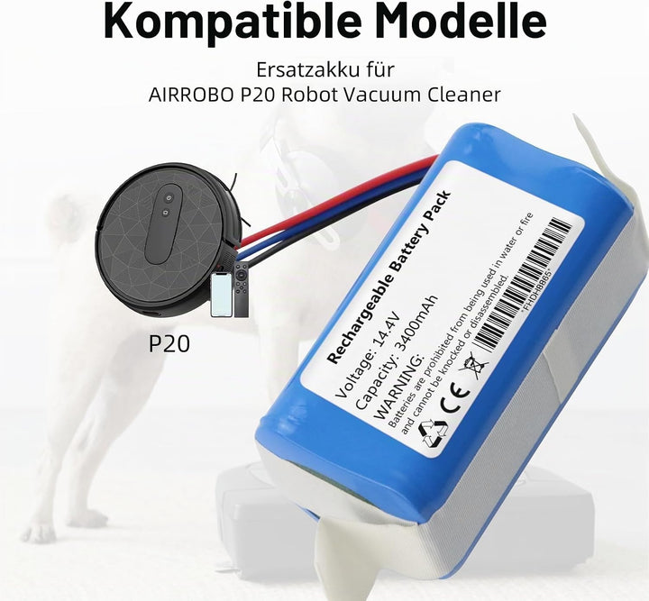 K KYUER 14.4V Rechargeable Akku für AIRROBO P20 Robot Vacuum Cleaner RoboVac Battery 3400mAh
