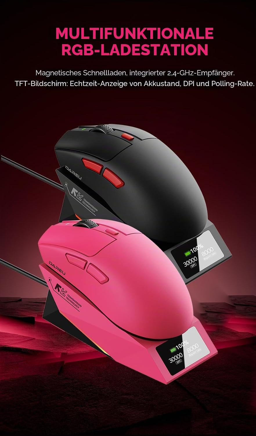 DAREU AE6 Pro Wireless RGB Gaming Mouse mit Anzeige Magnetic Charging Base - Custom PAW3950 Sensor m