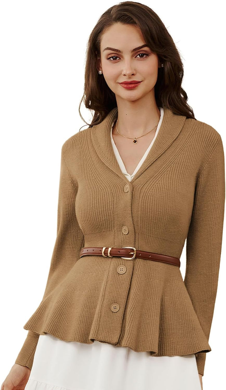 Belle Poque Damen Strickjacke Langarm Reverskragen Cardigan mit Rüschensaum Casual Strickmantel M Br