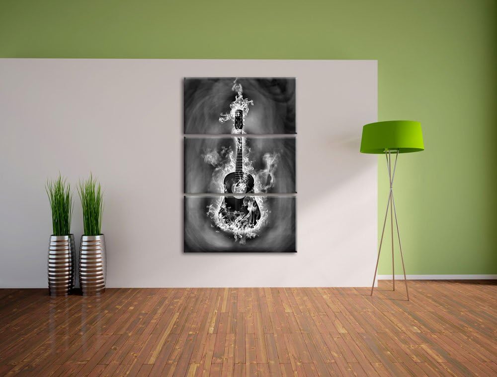 Pixxprint Monocrome, Brennende Gitarre, Heisse Flammen 3-Teiler Leinwandbild 120x80 Bild auf Leinwan