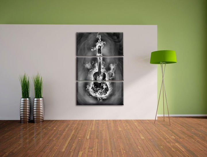 Pixxprint Monocrome, Brennende Gitarre, Heisse Flammen 3-Teiler Leinwandbild 120x80 Bild auf Leinwan