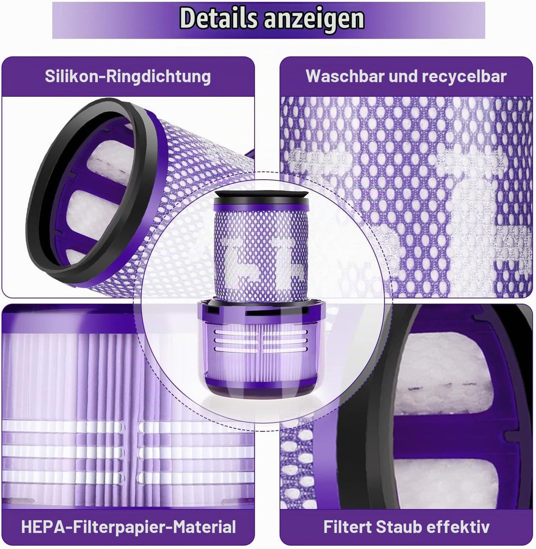 Leadaybetter 3 Stück Ersatzfilter Filter für Dyson V12 Detect Slim Absolute Staubsauger, Waschbar Er