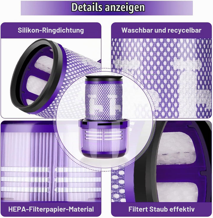 Leadaybetter 3 Stück Ersatzfilter Filter für Dyson V12 Detect Slim Absolute Staubsauger, Waschbar Er