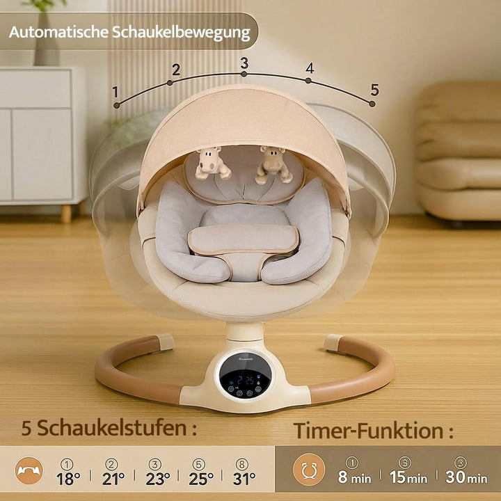 BEBE2LUXE Alpha Babywippe, Elektrische Babyschaukel mit Musik, Nutzbar ab der Geburt bis ca. 6 Monat