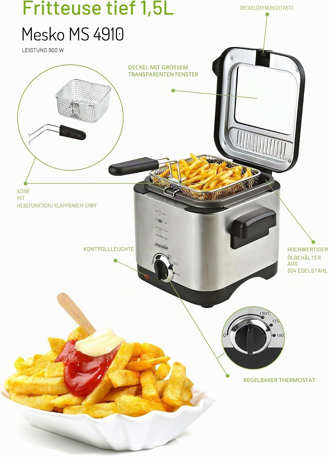Adler MS 4910 Fritteuse, 900, Metall, Silber