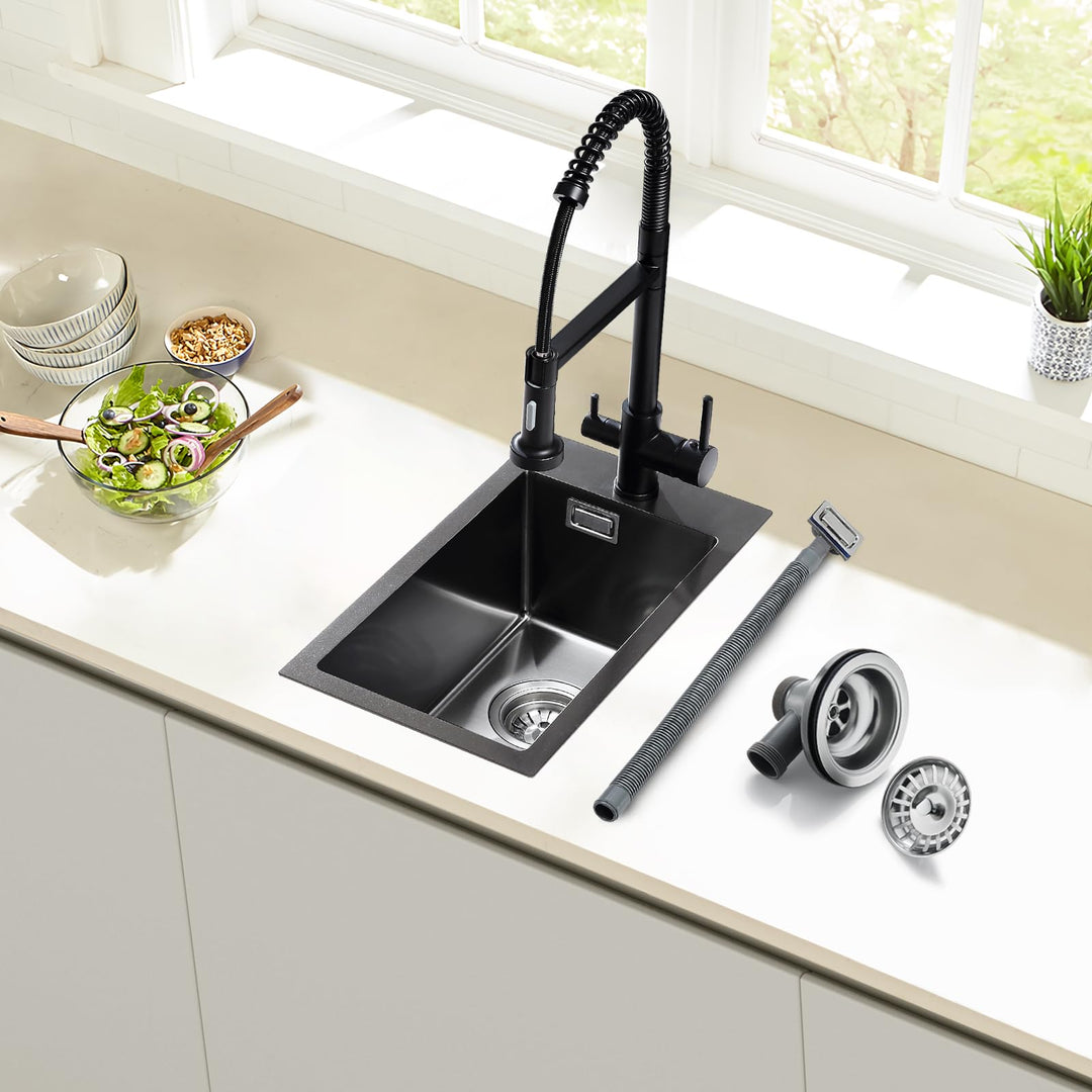 ROVOGO Küchenspüle Schwarz 50 x 28 cm, Edelstahl Spülbecken Küche mit Armaturloch, Ablaufgarnitur un