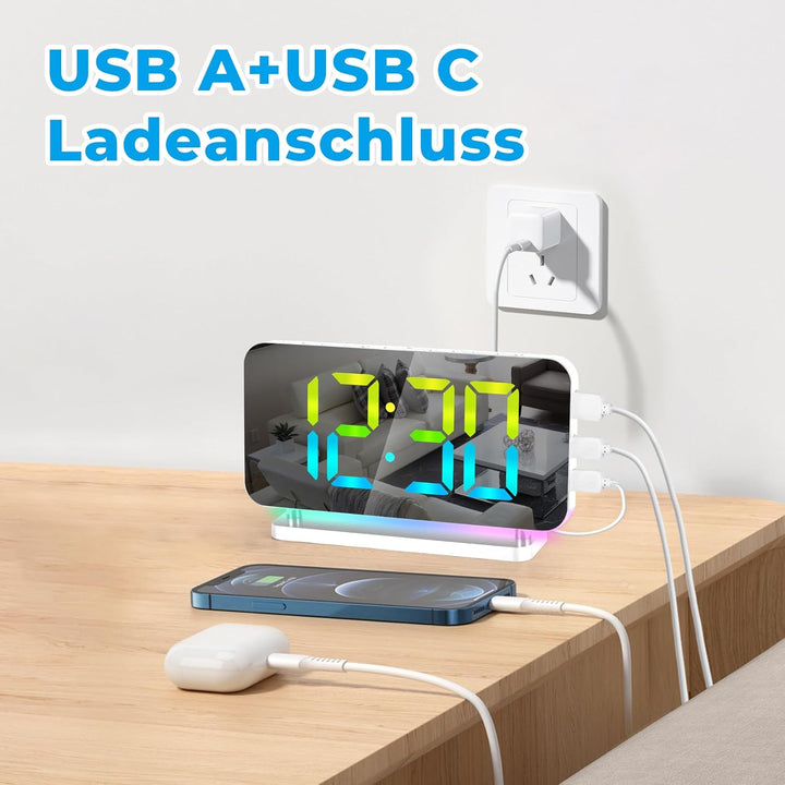 SZELAM Digital,Wecker Nachttisch,7,4" LED-Spiegeluhr mit 10 Modi RGB-Nachtlicht,11 Farben Digitalanz