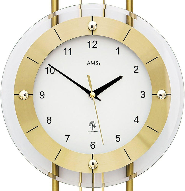 AMS Funkwanduhr 5257 mit glänzendem, messingfarbenem Pendel elegante Funk Pendeluhr Design Wanduhr