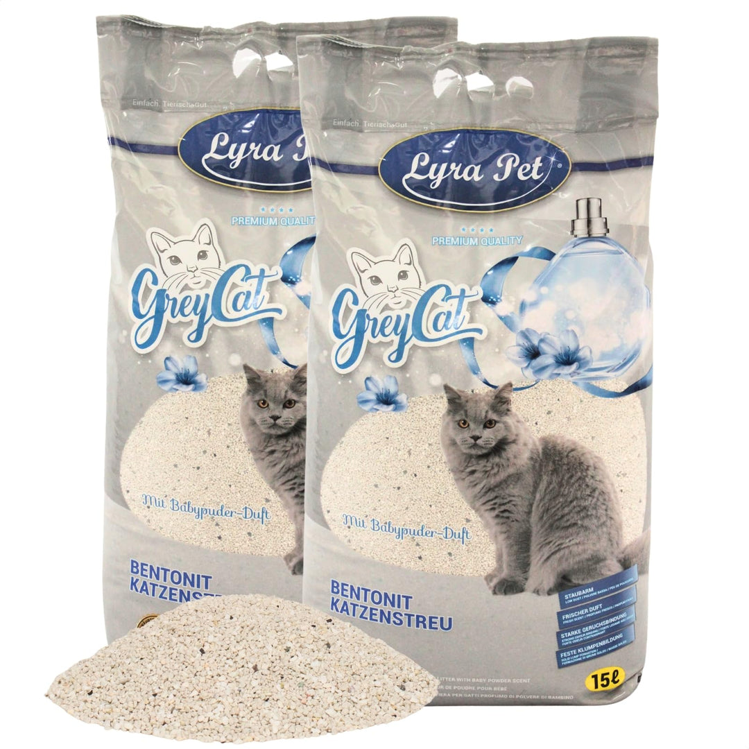 Lyra Pet® | 30 Liter Grey Cat Katzenstreu | Mit Aktivkohle | Mit Babypuder Duft | Feines Klumpstreu