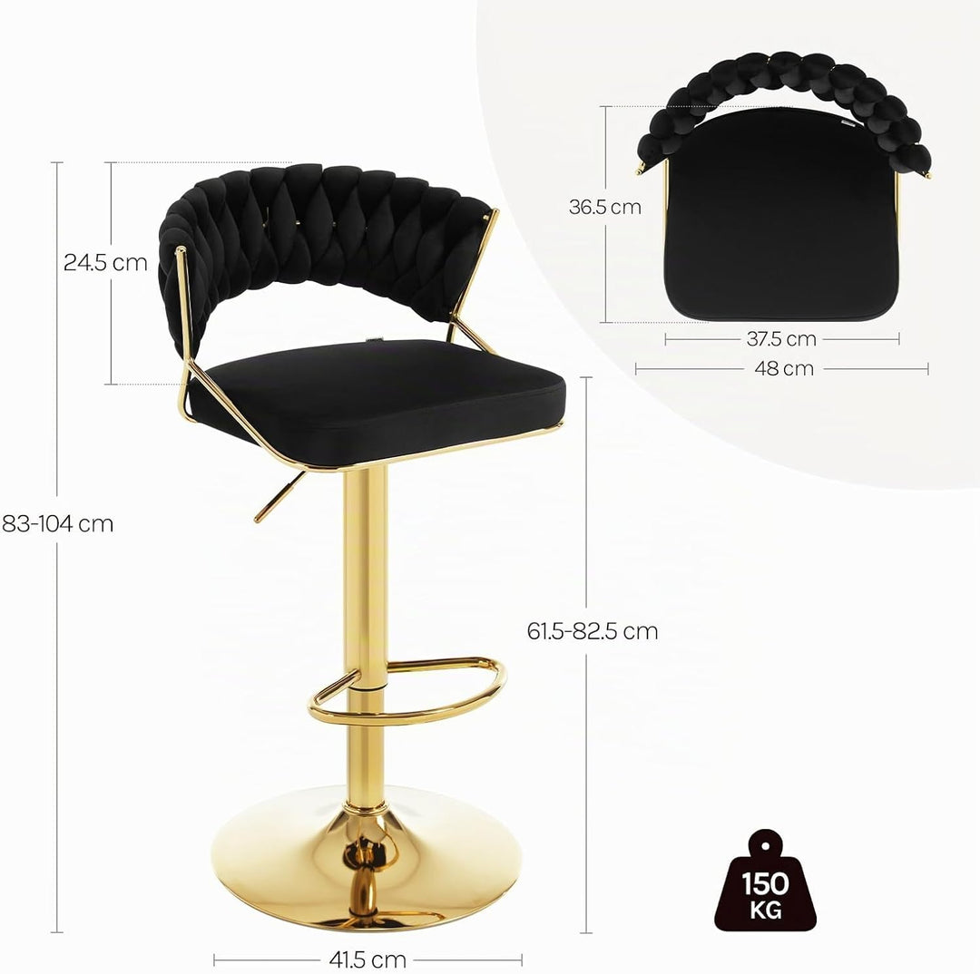 WOLTU Barhocker 2er Set, mit geflochtener Rückenlehne, Samthocker, Schwarz | Barstuhl 360° drehbar,