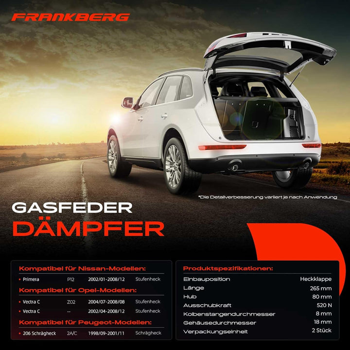 Frankberg 2x Gasfeder Dämpfer Heckklappe Kompatibel mit Primera P12 Stufenheck 2002-2008 Vectra C St
