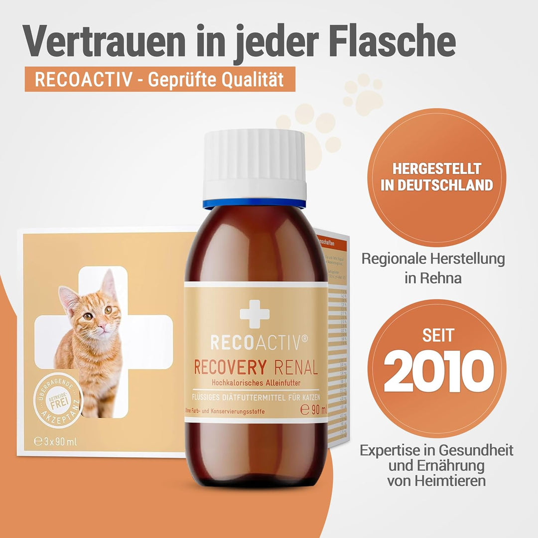 RECOACTIV Recovery Renal für Katzen, 3 x 90 ml, hochkalorisches Diät-Alleinfuttermittel bei Nierenfu
