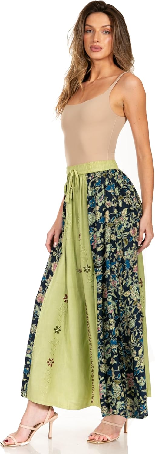 Sakkas Maran Frauen Boho Stickerei Rock mit elastischer Taille und Taschen Einheitsgrösse Olive, Ein