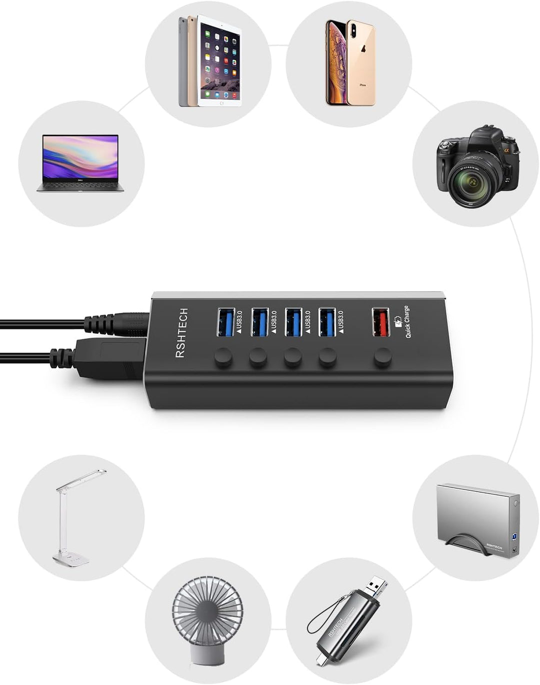 RSHTECH Aluminium USB Hub Aktiv 3.0 mit 36W Netzteil, mit 3*Schnellladeanschluss, 4*USB 3.0 Datenans