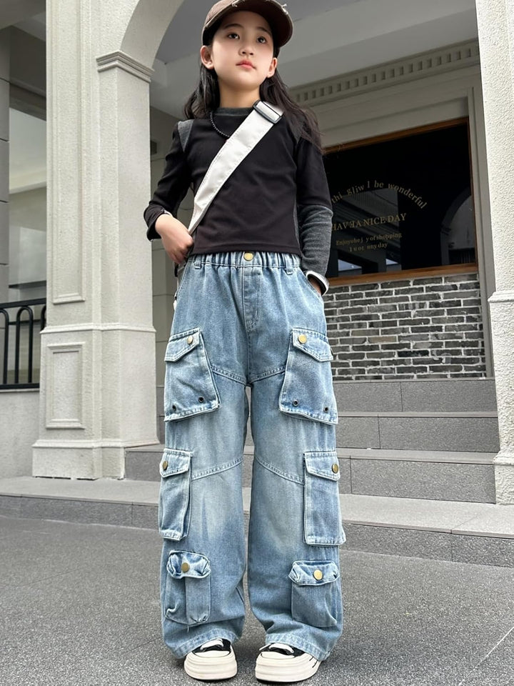 Rolanko Baggy Cargo Jeans für Mädchen, Elastische Hose mit Hoher Taille und Weitem Bein Y2K Jeanshos