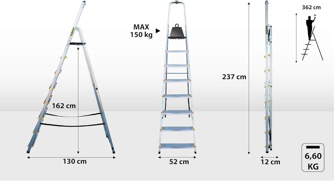 Drabest - PRO Haushaltsleiter - Stehleiter - 8 Stufen - Arbeitshöhe 3,62m - Klappleiter aus Aluminiu