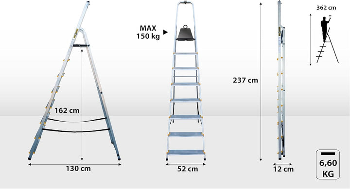 Drabest - PRO Haushaltsleiter - Stehleiter - 8 Stufen - Arbeitshöhe 3,62m - Klappleiter aus Aluminiu