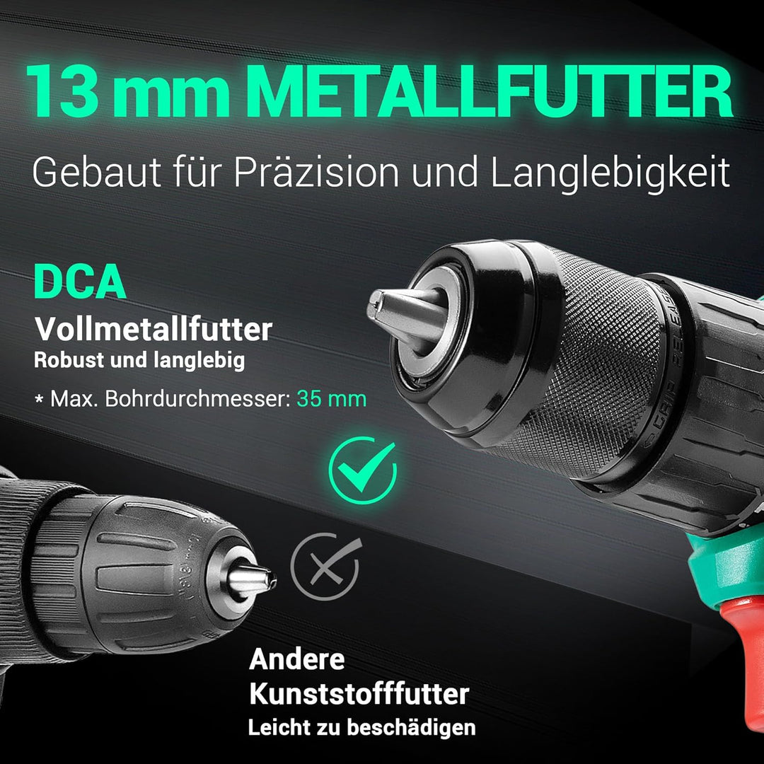 DCA 20V Bürstenloser Akku-Schlagbohrschrauber, 55Nm max. Drehmoment, 13mm Metallbohrfutter, 18+1+1 D