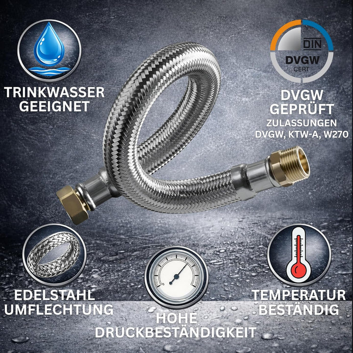 DVGW gep. Panzerschlauch 1 Zoll DN25 Edelstahl Flexschlauch Wasseranschluss Heizung Enthärtungsanlag