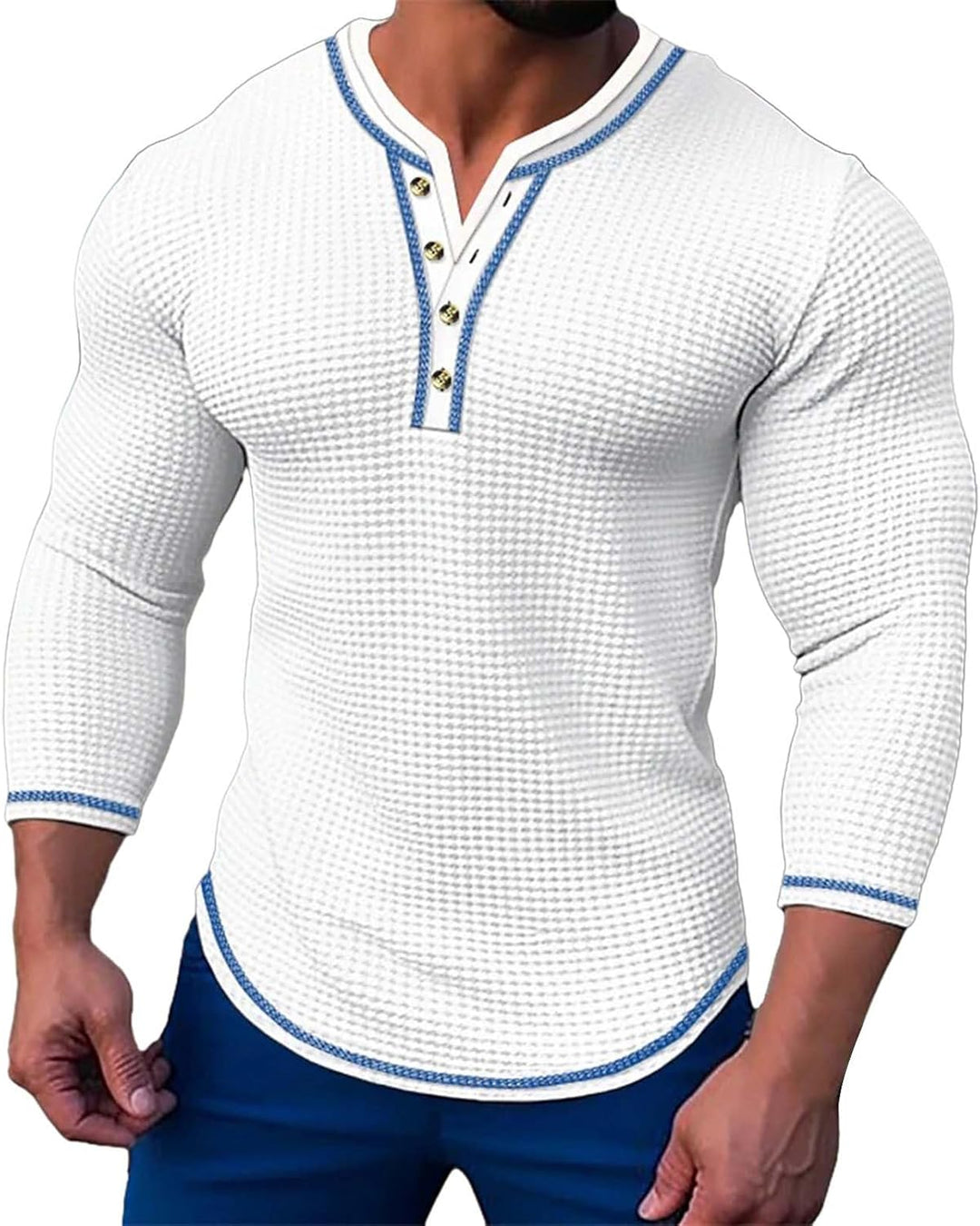 Herrenmode Herbst Casual Langarm Knopf Einfarbig Langarm T-Shirt Top Schicke Herren Weiss L, Weiss L